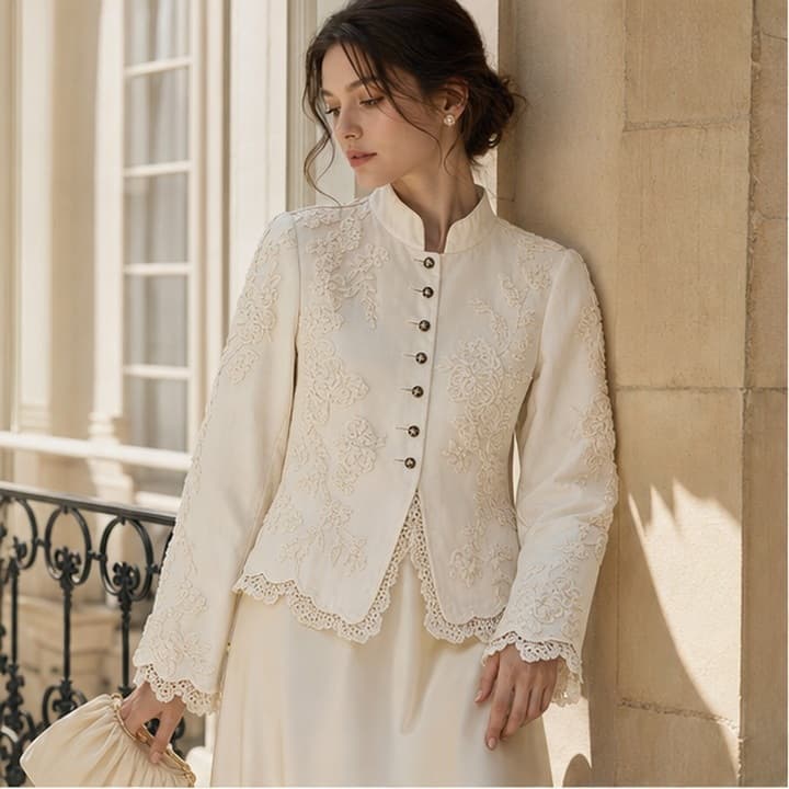 Model wearing an ivory embroidered jacket in a softly lit editorial scene