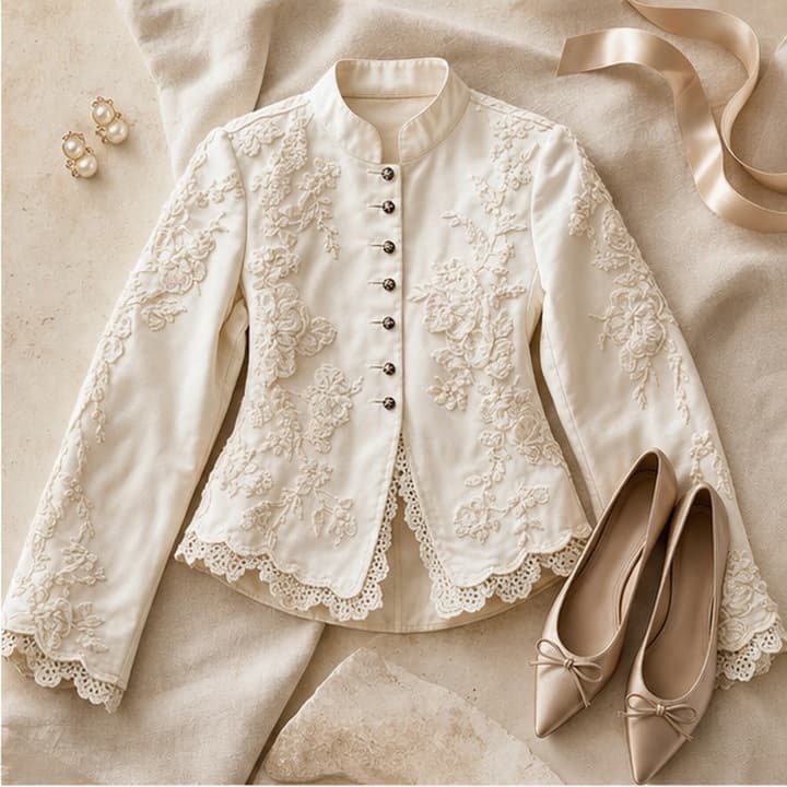 Ivory embroidered jacket arranged as a product-first flat lay