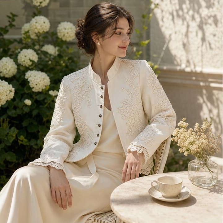 Model wearing an ivory embroidered jacket beside a cafe table