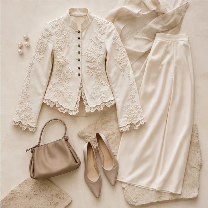 Ivory embroidered jacket styled with a tonal skirt, shoes, and bag for social content